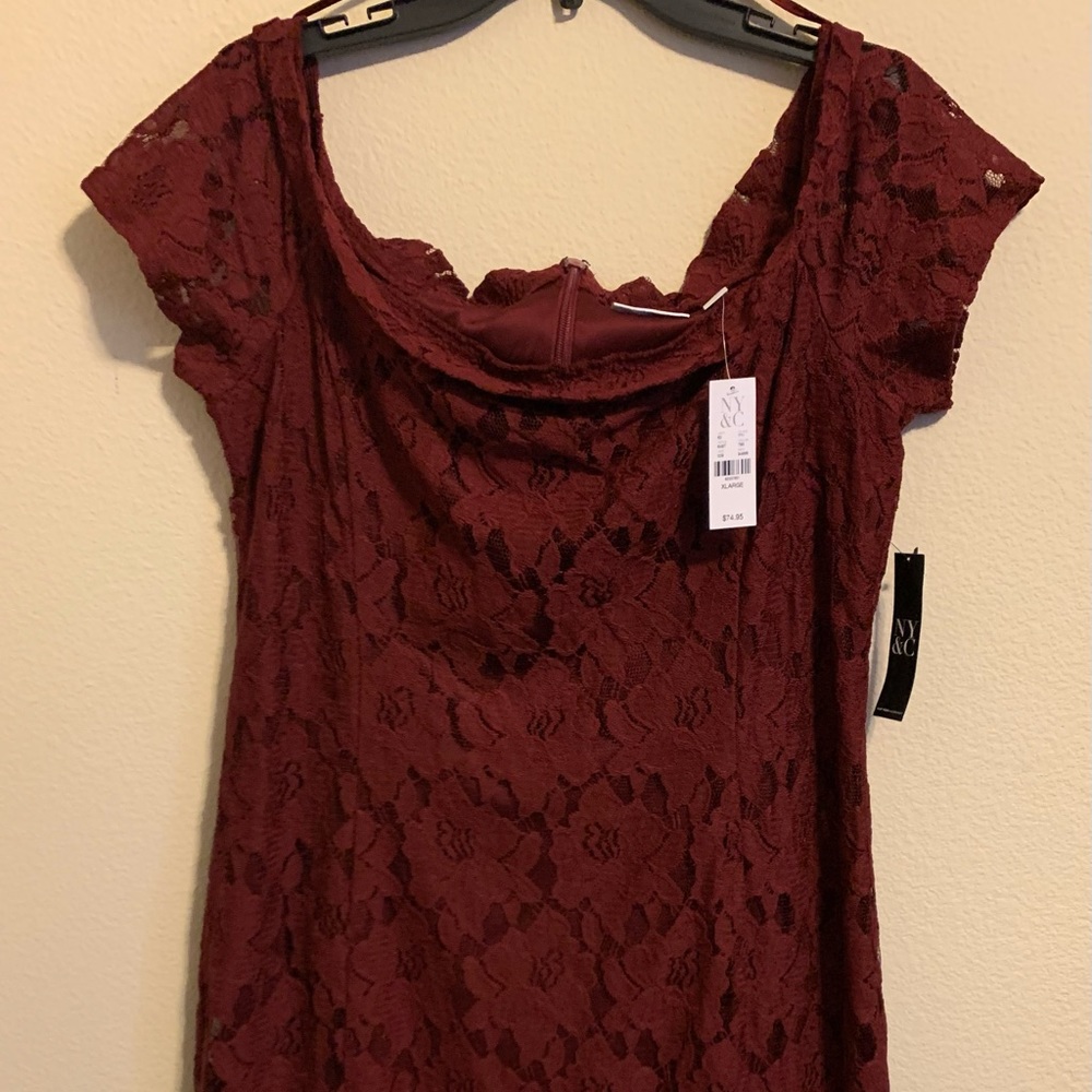 Eva Mendes off shoulder sheath lace dress burgundy XL